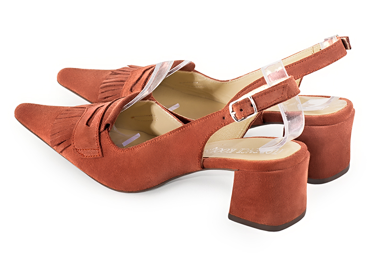Terracotta orange women's slingback shoes. Pointed toe. Medium block heels. Rear view - Florence KOOIJMAN